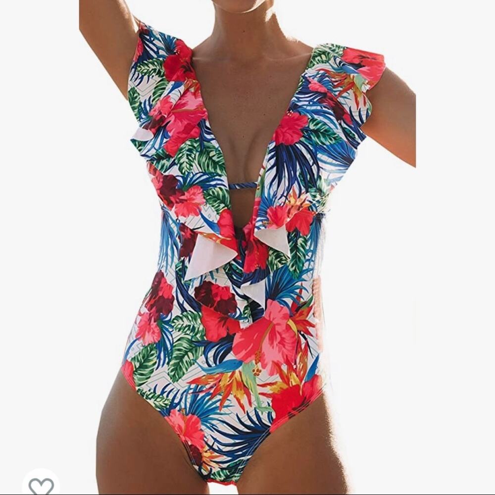 Floral Ruffled Monokini Plunging V-Neck Tie Back High-Cut